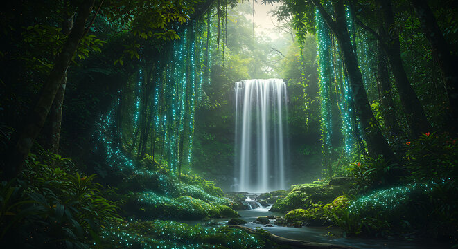 Waterfall Scenery with Glowing Flora in Lush Forest