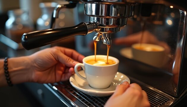 Barista makes espresso drink using machine. Close up shot of coffee maker with streams of coffee falling into cup. Male hands are visible. Cafe drink preparation process at restaurant.