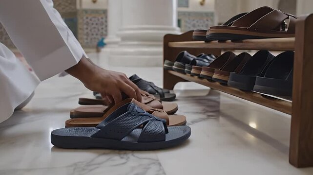 Man tidying up sandals on a shoe rack inside a mosque during prayer time.