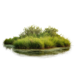 Lush green island surrounded by calm water in a serene natural setting during daylight hours