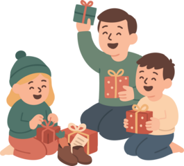 Three happy children sit together opening wrapped presents, with small shoes, a carrot, and a holiday note beside them, creating a warm festive scene.