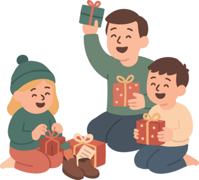 Three happy children sit together opening wrapped presents, with small shoes, a carrot, and a holiday note beside them, creating a warm festive scene.