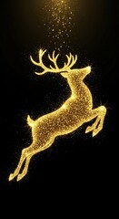 Golden glitter reindeer leaping through the night sky, perfect for elegant Christmas holiday cards and festive seasonal marketing campaigns with magical sparkle
