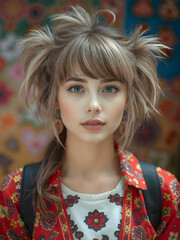 Retrato vibrante de una mujer preciosa con coletas desordenadas y estética adorable