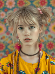 Hermosa mujer caucásica con coletas despeinadas y atuendo colorido en fondo kawaii