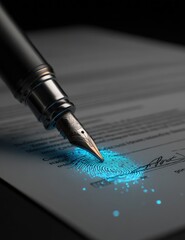 Pen poised over document, fingerprint signature