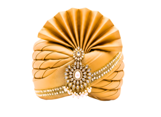 Golden turban with intricate beadwork and feather isolated on transparent background