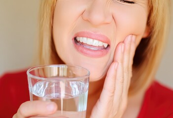 Woman experiencing tooth pain with water.
