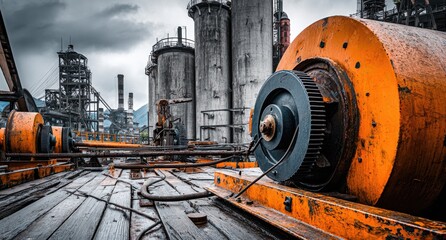 Industrial machinery, orange and gray, in a large factory