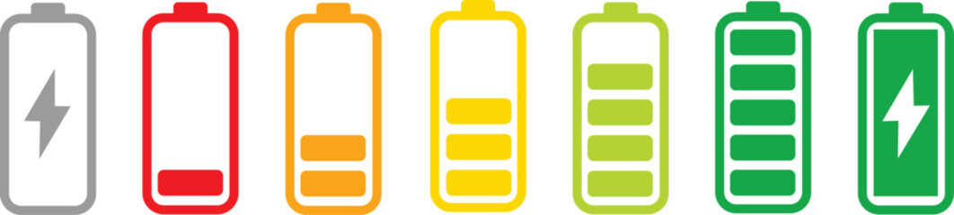 Battery level indicators. Colorful battery charge level icons. Battery power level pictograms in outline style. Vector