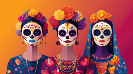Obraz premium Three women dressed in colorful attire display traditional sugar skull makeup adorned with vibrant flowers. The background features a warm gradient hue creating a festive atmosphere.