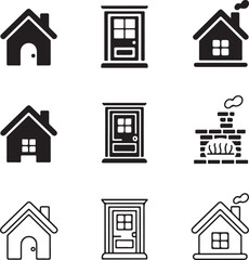House and Home Icons Set with Houses Doors and Fireplace building residence