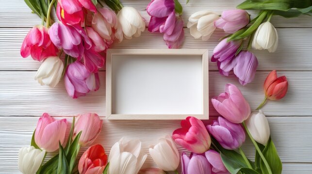 Brightly colored tulips in shades of pink purple and white form a beautiful arrangement around a blank frame. This cheerful setup is perfect for spring events or heartfelt notes.