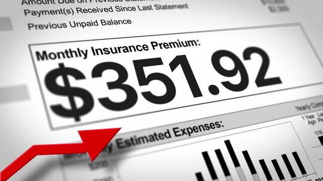 A close-up of a bill showing a sharply increasing monthly insurance premium, paired with a red upward arrow to illustrate rising costs for health, auto, or home insurance. 14950  	