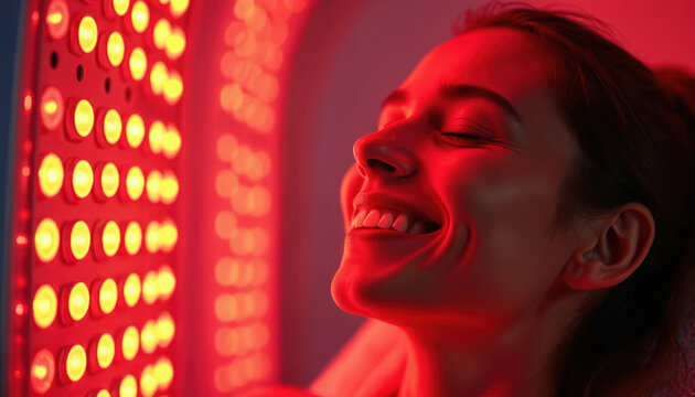 Woman smiles during red light therapy session. Red LED panel illuminates face for skin rejuvenation treatment. Beauty procedure in wellness salon promotes healing.