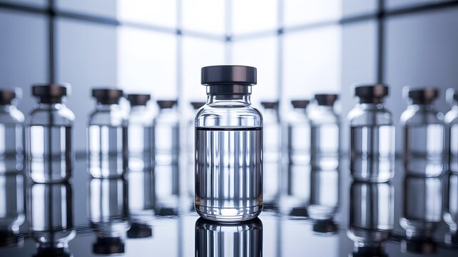 Medical Vaccine Vials Arranged In Laboratory Setting With Reflective Surface