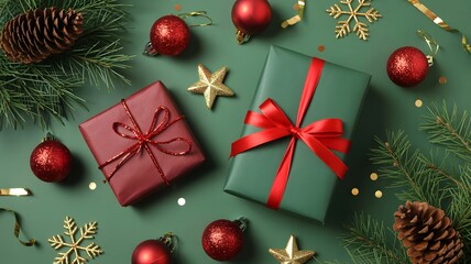 Christmas Gift Boxes With Festive Decorations On Green Holiday Background