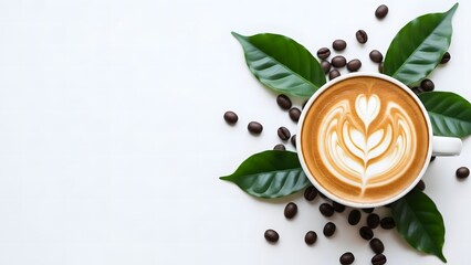 Latte art coffee cup with green leaves and roasted coffee beans
