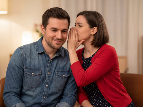 Woman whispering secret into man's ear