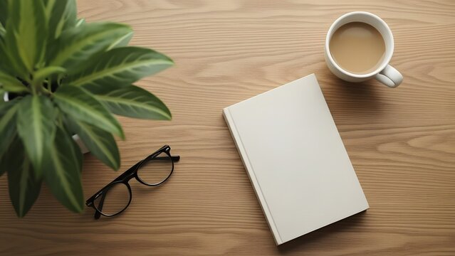 Cozy workspace still life with book coffee plant and eyeglasses on desk - Powered by Adobe