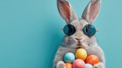 A cheerful rabbit stands against a vibrant blue backdrop wearing stylish sunglasses and holding a collection of colorful Easter eggs. This playful scene captures the spirit of a joyful holiday.