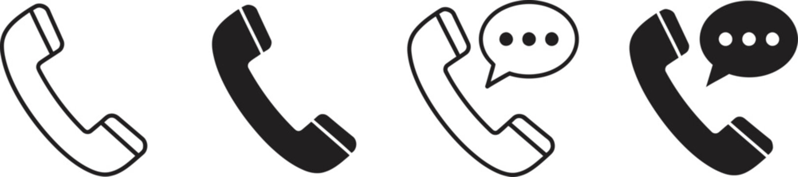 Minimalist telephone receiver icon set. outline and solid glyphs with speech bubble for communication and contact symbol. Vector