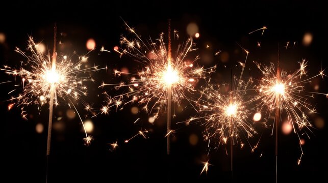 Colorful sparklers illuminate the dark night creating a festive atmosphere during a joyful celebration. The bright lights and sparks add excitement and cheer.