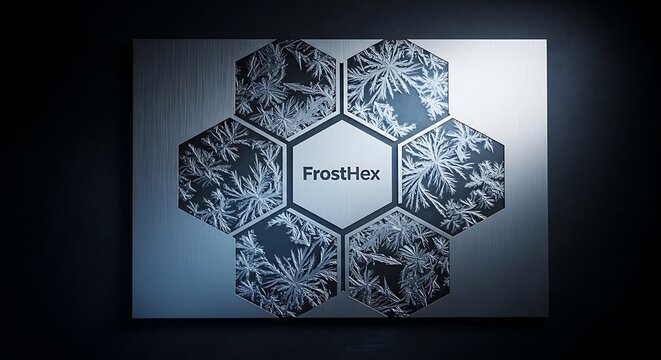 Hexagonal pattern of frost crystals on display in dark environment