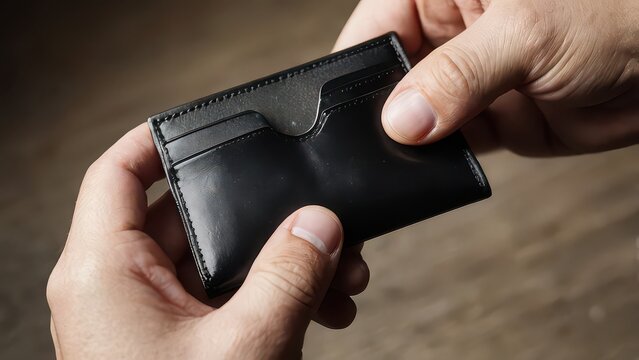 Person holding a slim black leather card holder or minimalist wallet