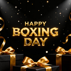 Festive happy boxing day message with golden balloons and gift boxes celebrating post christmas sales and shopping