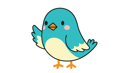 A cute cartoon blue bird with a light belly and orange beak waves its wing cheerfully.