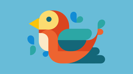A stylized, colorful bird illustration with geometric shapes and teardrop accents on a light blue background.