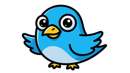 Cartoon illustration of a bright blue bird with a yellow beak and big eyes, standing against a white background.