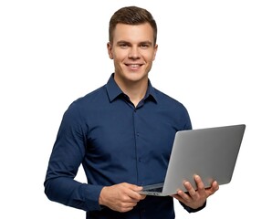 Smiling young man in a blue shirt holding a modern silver laptop, looking at camera, standing, studio shot