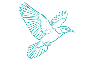 Obraz premium A teal-colored line drawing of a bird in flight with outstretched wings, soaring gracefully.