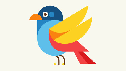 A stylized illustration of a colorful bird with geometric shapes, wings spread, and a simple design.