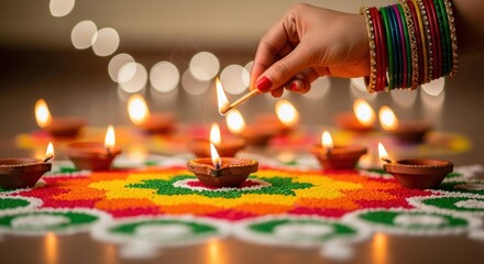 Woman hand lighting diya on rangoli for diwali festival celebration