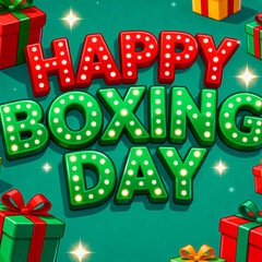 Festive happy boxing day message with glowing lights surrounded by gift boxes and sparkling stars