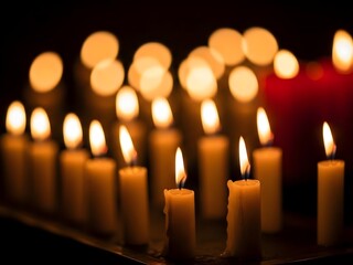 Candlelit Row of Candles Burning Warmly in Dark Background for Advent or Candle Ceremony