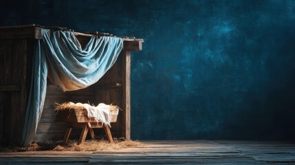 A wooden manger sits in a softly lit space surrounded by straw. Light gently illuminates the scene creating a serene atmosphere for a festive occasion evoking feelings of peace and joy.
