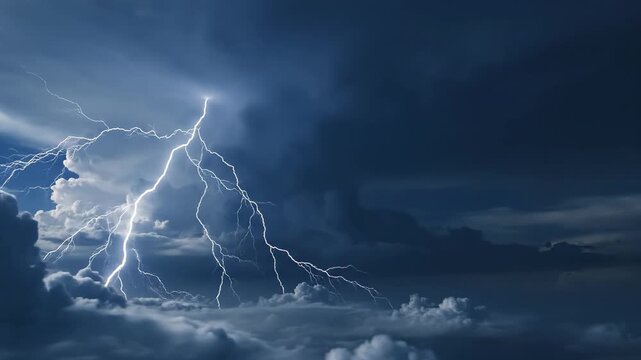 Dramatic lightning strikes across a turbulent sky with powerful storm clouds rolling in, creating a dynamic and impactful weather event