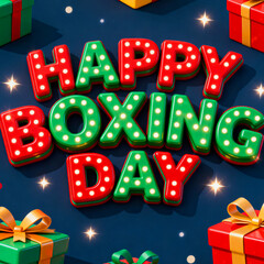 Brightly lit marquee letters spell out happy boxing day surrounded by festive gift boxes and sparkling lights
