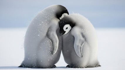 Two fluffy Emperor penguin chicks huddle together for warmth, nestled closely against each other on a snowy landscape.