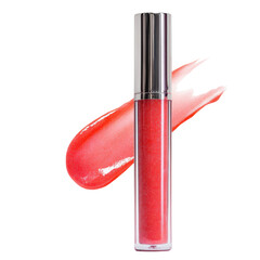 Glossy lip gloss displayed in a sleek container with a vibrant red shade placed beside a splash of color, creating an attractive visual that highlights its shine and texture