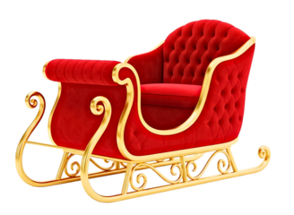 Luxurious red velvet santa sleigh with gold trim isolated on transparent background