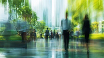 A vibrant scene shows a mix of people walking through a green urban park. The atmosphere is lively with sunlight filtering through trees creating a dynamic city experience.