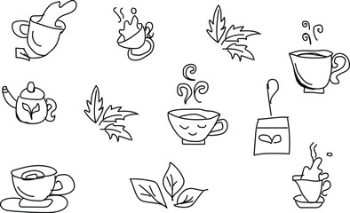 Coffee hand drawn background poster set. Hand drawn beverage collection of coffee menu, espresso, kettle, croissant, sandwich Vector illustration for print, wallpaper, restaurant, cafe, sticker.