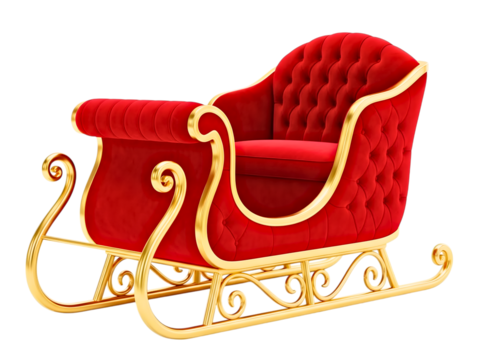 Luxurious red velvet santa sleigh with gold trim isolated on transparent background