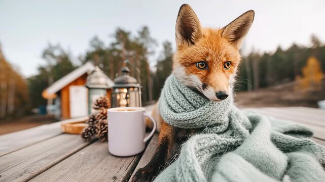 Adorable red fox snuggled up in a warm knitted scarf, lounging on a wooden deck. A cozy autumn setting with a hot beverage and charming cabin in the distance