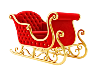 Ornate red velvet sleigh with gold trim isolated on transparent background